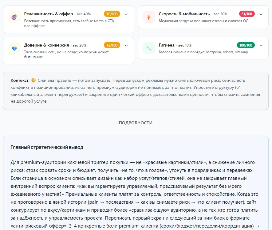Раскрывающиеся блоки рубрик и главный стратегический вывод