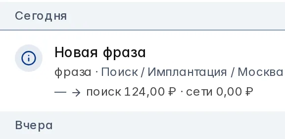 Запись журнала изменений за сегодня: «Новая фраза» в кампании «Поиск / Имплантация / Москва», ставка на поиске 124,00 ₽, в сетях 0,00 ₽